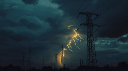 Lightning Storm Over Power Lines; Dramatic Sky; Industrial Area; Stock Photo