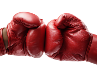 Two red boxing gloves touching together in a fist bump gesture isolated on transparent background