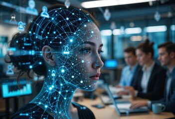 Woman uses AI tech to analyze employee data. Artificial intelligence connects with network points on face. Business team collaboration in office. Modern tech innovation concept, 4k details Resolution 