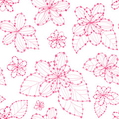 Hand drawn ink line flowers with dot pink color on white. Seamless pattern tender, gently, girly