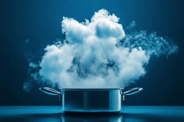 Conceptual image of cloud computing, showing data processing and storage with steam forming a cloud above a pot