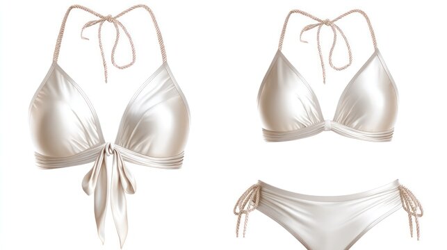 Elegant bikini design in satin finish, shown front and back for premium fashion display, white background