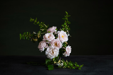 Romantic 3D floral arrangement with pink roses, honeysuckle, and driftwood in soft natural tones....