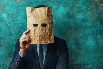 Businessman covering his face with a paper bag, symbolizing anonymity, secrecy, or hidden identity