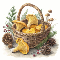 Golden chanterelle mushrooms in a rustic basket. Curled trumpet shapes and textured caps. Watercolor and charcoal style, warm soft light, isolated on white.