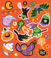 Print design. Spooky season with cartoon funny characters. Vector illustration