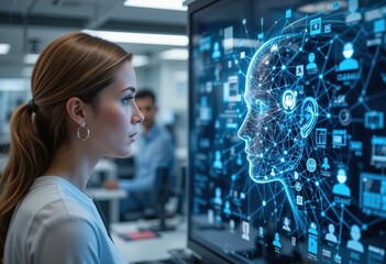 Woman uses AI tech to analyze employee data. Artificial intelligence connects with network points on face. Business team collaboration in office. Modern tech innovation concept, 4k details Resolution 