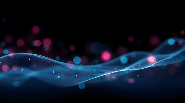 Blue and pink bokeh lights on dark background with glowing wave