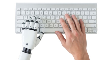 Artificial intelligence is depicted with human and robot hands typing on a keyboard on a transparent background.