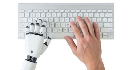 Artificial intelligence is depicted with human and robot hands typing on a keyboard on a transparent background.