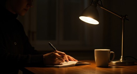 Person writing in a journal during a cozy and intimate evening routine at a desk