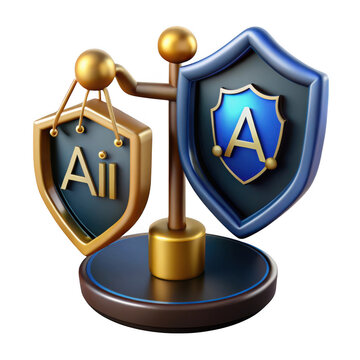 Symbolic scales of justice weighing shields with ai and aii letters isolated on transparent background