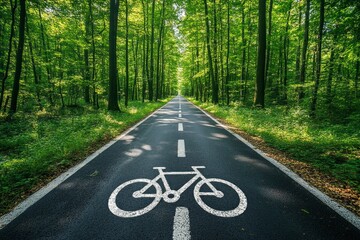 Straight asphalt bicycle lane crossing a lush forest in summer
