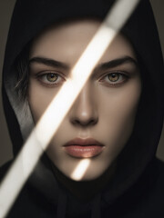 beautiful girl in hood with sunlight on face