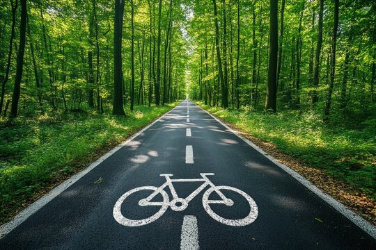 Straight asphalt bicycle lane crossing a lush forest in summer