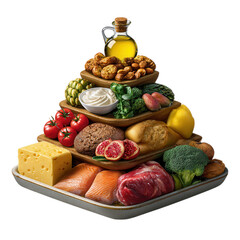 Nutritional food pyramid featuring proteins fruits vegetables grains dairy and healthy fats isolated on transparent background