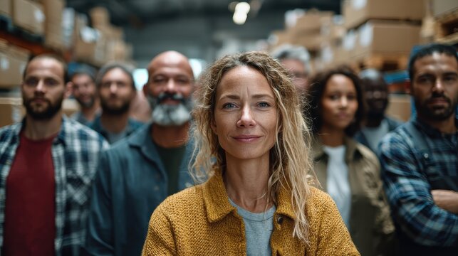 Mixed and diverse group of people working in a warehouse