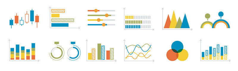 Modern infographic charts and graphs set with vibrant colors.