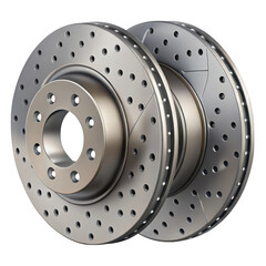 Pair of perforated brake discs for performance vehicles isolated on transparent background