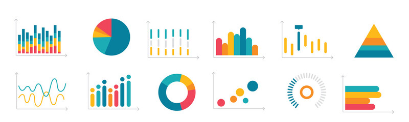 Modern infographic charts and graphs collection with flat colors.