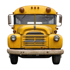 Classic yellow school bus front view with vintage details and isolated on transparent background