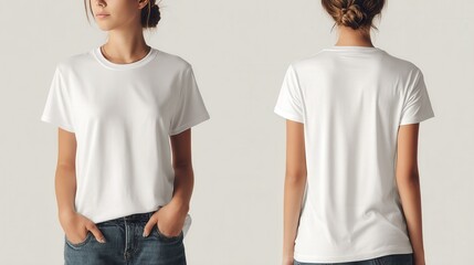 Mockup featuring a plain white t-shirt modeled by a woman front and back on a neutral background. Ideal for branding, fashion design, or promotional use.