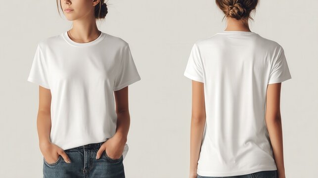 Mockup featuring a plain white t-shirt modeled by a woman front and back on a neutral background. Ideal for branding, fashion design, or promotional use.
