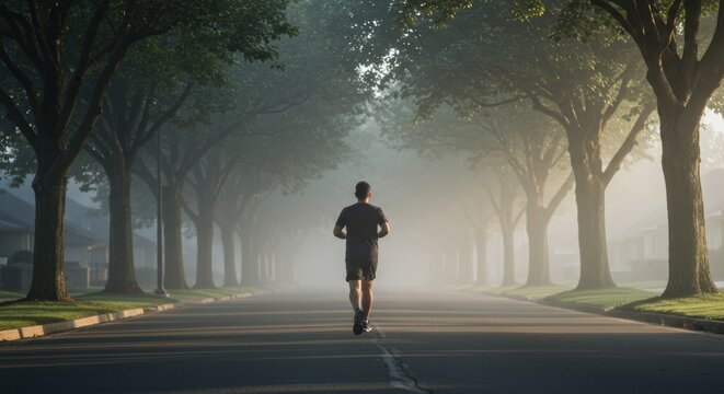 A person jogging on a quiet neighborhood street in the early morning, healthy lifestyle concept