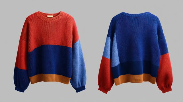 Flat lay of a color-blocked jumper, front and back views, on clear background, emphasizing bold color transitions and modern design