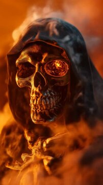 A dark skull with glowing orange eyes and a black hood emerges from fiery orange smoke and mist. Death or danger concept footage.