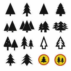 Obraz premium Black Silhouette Pine Tree Icons Set Various Styles Simple Christmas Forest Symbols