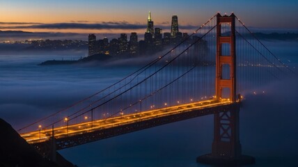 Fototapeta premium Golden Gate Bridge Illuminated at Dusk With Fog Enveloping the City Skyline in San Francisco