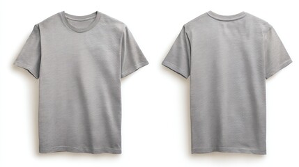 Flat lay of a gray crew neck T-shirt, front and rear view, aligned neatly on seamless white