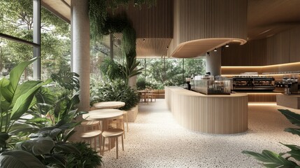 Fototapeta premium Lush Greenery Cafe Interior Design Wooden Accents and Natural Light, cafe design, interior design