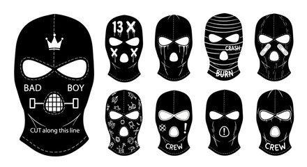 Fototapeta premium Collection of Stylish Black Balaclavas with Unique Designs Vector Illustrations