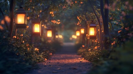Obraz premium Magical Lantern Path Through Trees at Dusk