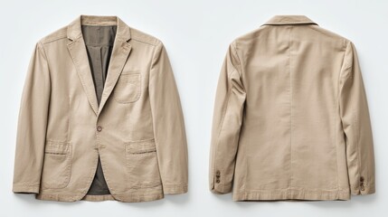 Flat lay of a light tan cotton men's suit with unstructured blazer, front and back views, on clear background, emphasizing casual design and comfort