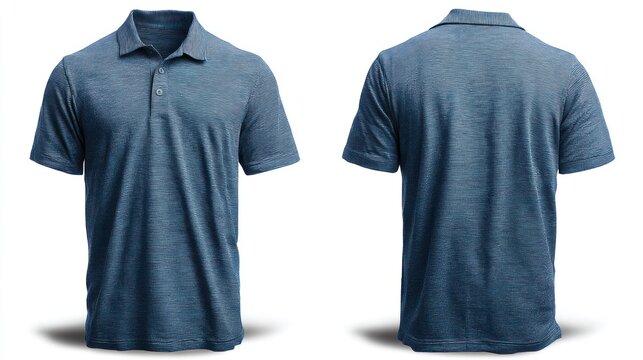 Flat lay of a heathered blue polo shirt, front and back views, on clear background, emphasizing fabric blend and collar structure