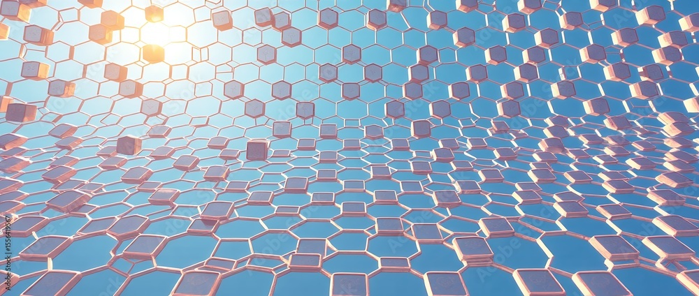 Poster Abstract rendering of a hexagonal grid with raised blocks against a light blue background