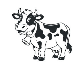 Cute Cartoon Cow with Spots and Bell Illustration Black white illustration happy cow cow cartoon illustration black white animal farm animal spotted cow
