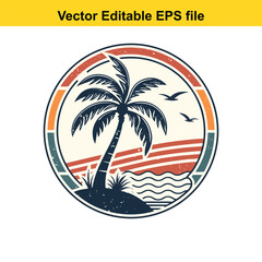 Retro Palm Tree Sunset Graphic Vintage Tropical Design Silhouette Illustration Vacation Vibes Island Getaway Nature Inspired Vector Art