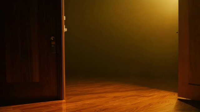 The doors of a large room open, warm golden sunlight streams spectacularly from the darkness, creating an atmospheric contrast between light and shadow. The mystery and unpredictability of the plot