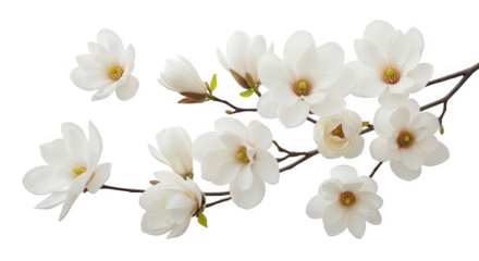 Delicate white magnolia blossoms in full bloom adorn slender branches, set against a stark, transparent backdrop for various creative designs, transparent background