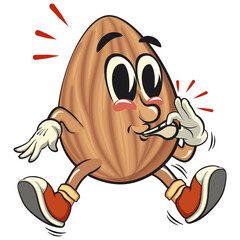 cute almond mascot cartoon vector illustration blowing the whistle, isolated nut character for healthy food branding, packaging, and snack advertisement, work of hand drawn