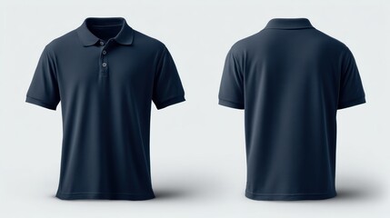 Flat lay of a short-sleeve polo T-shirt in navy, displayed from front and back angles on a seamless white surface