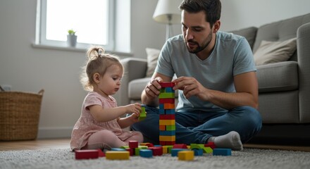 Authentic and tender moment of a father and daughter playing with wooden blocks at home