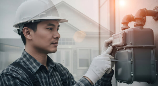 Asian man in hard hat inspecting gas meter. Professional service technician performing maintenance for gas industry.