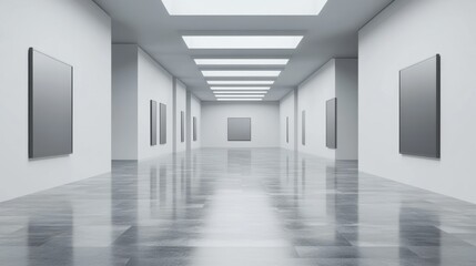 Modern Gallery Interior Empty Frames, Polished Floor, Skylight, Gallery Design, Art Exhibit Gallery, Interior Design