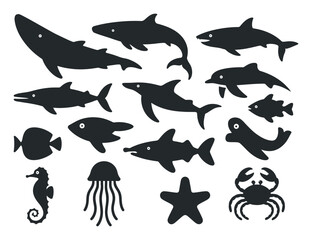 Collection of Black and White Silhouette Ocean Animals Simple silhouettes various ocean creatures ocean animals sea creatures marine life fish shark dolphin whale