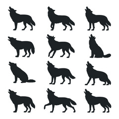 Collection of Black and White Wolf Silhouettes in Various Positions wolves howling different poses wolf silhouette howling animal wildlife nature black white illustration